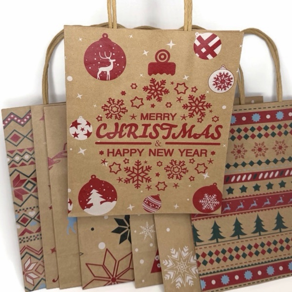 Festive Brown Paper Christmas Gift Bags Lot of 8
